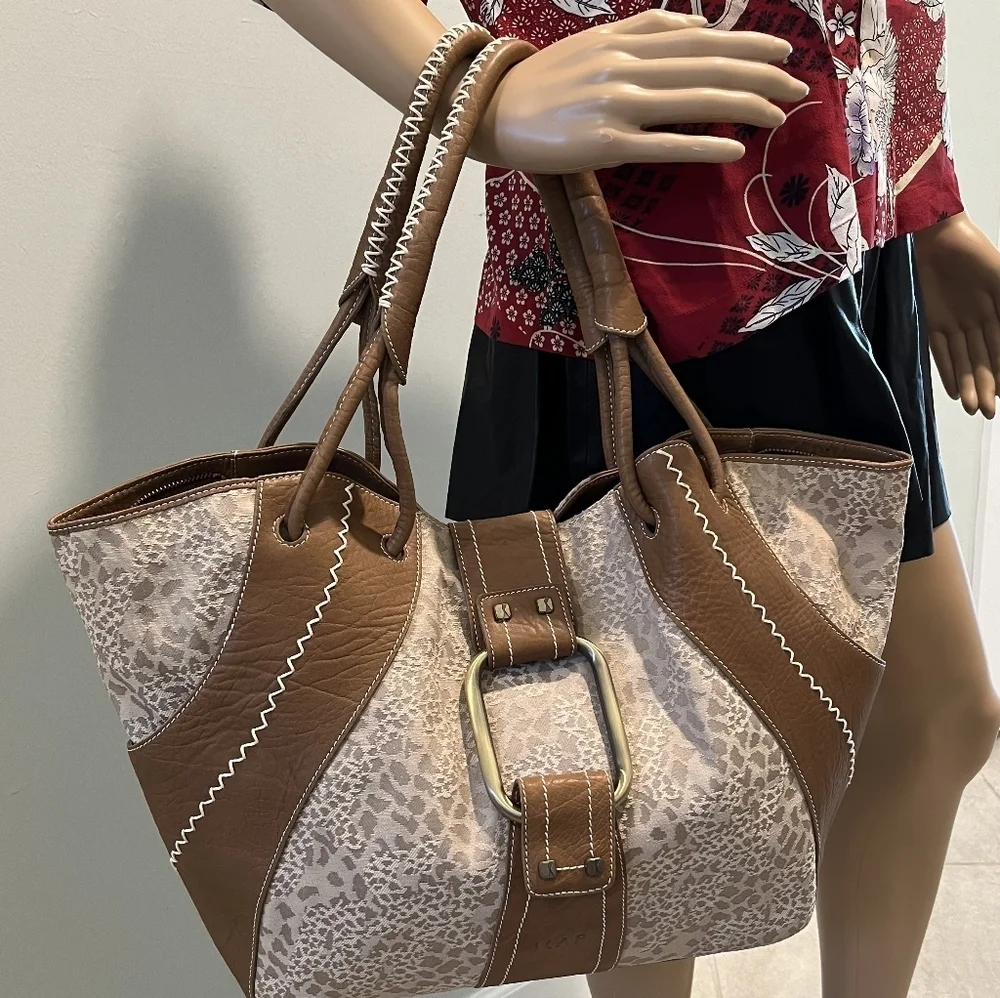 Rare SKAP Handbag with Camel Brown Leather & Tan Animal Print Fabric NWOT